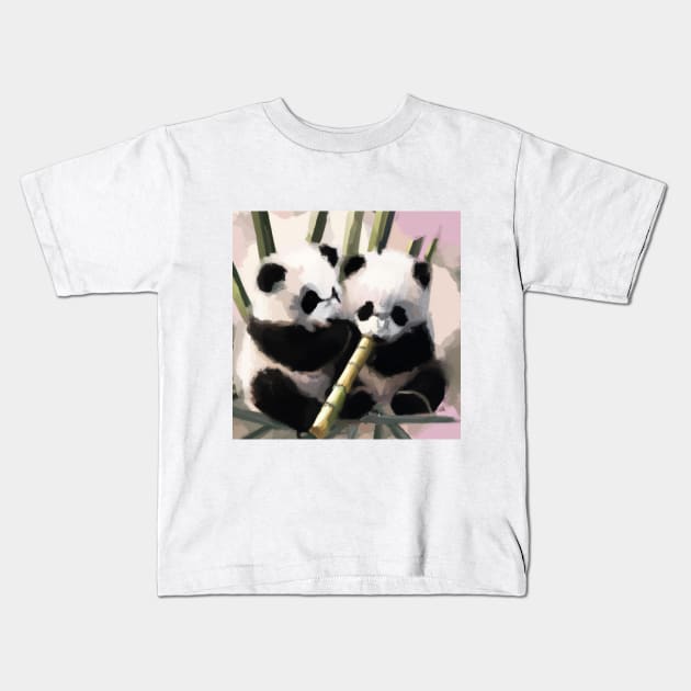 Baby Panda Bears eating bamboo Kids T-Shirt by Cotton Candy Art